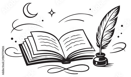 Hand drawn line art illustration of an open book and quill pen depicting learning for education