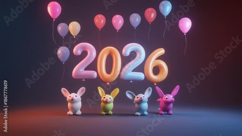 Year 2026 celebration with animated characters and balloons