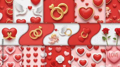 Charming collection of romantic seamless patterns showcasing red hearts, golden rings, love symbols, and florals for affectionate designs