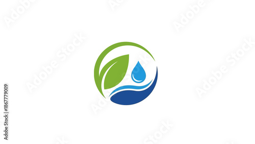 Vibrant green leaf and clear blue water drop logo symbolizing ecological balance, natural vitality, and environmental harmony