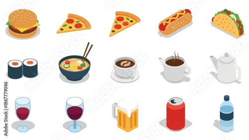 Isometric Food and Drink Icons Set - Fast Food, Beverages, and Meals
