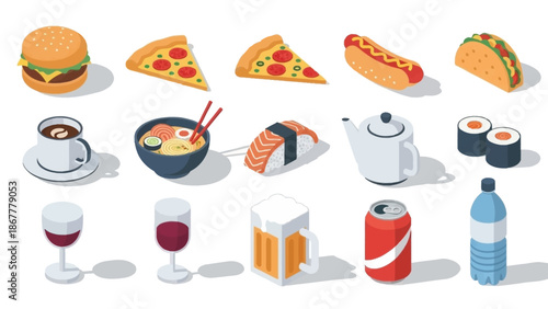A vibrant assortment of delicious and diverse food and drink items in a clean, bright illustration