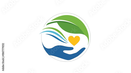 Stylized graphic combining an outstretched hand, a vibrant green leaf, and a warm yellow heart, symbolizing holistic care, environmental stewardship, and community well-being for a brighter future