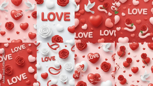 Valentine's Day Seamless Patterns Romantic Backgrounds with Hearts, Roses, and Doves