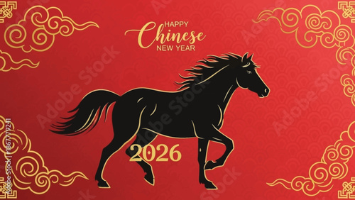 Happy Chinese New Year 2026, Year of the Horse illustration with traditional red and gold cloud decorations