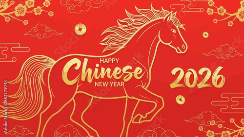 Elegant Golden Horse Illustration for Chinese New Year 2026 Celebration Banner with Auspicious Traditional Asian Cultural Motifs on Red Background