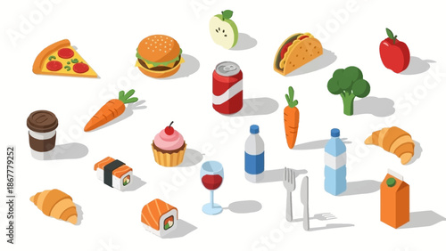 Diverse Isometric Culinary Collection A Visual Feast of Everyday Food and Drink Items for Creative Projects and Designs