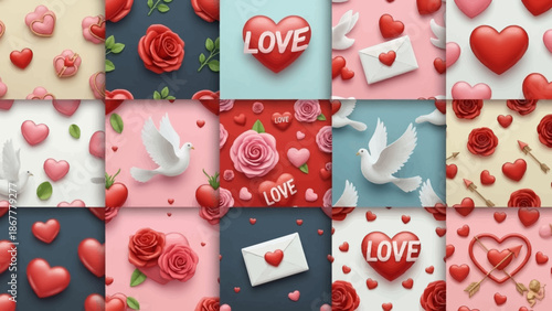 Seamless romantic patterns with hearts, roses, and doves, perfect for Valentine's Day and love-themed designs