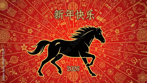 Festive Lunar New Year 2026 graphic with a powerful black horse silhouette, traditional patterns, and 'Happy New Year' text, symbolizing prosperity and good luck