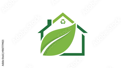 Eco friendly home concept with a green leaf and recycling symbol on roof