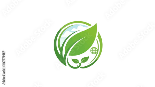 Dynamic green leaf emblem symbolizing sustainable ecology, natural growth, and a thriving environment, perfect for eco-conscious branding