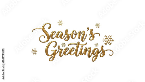 Elegant gold Season's Greetings text with beautiful snowflakes on a crisp white background, perfect for festive holiday cards and winter celebration designs