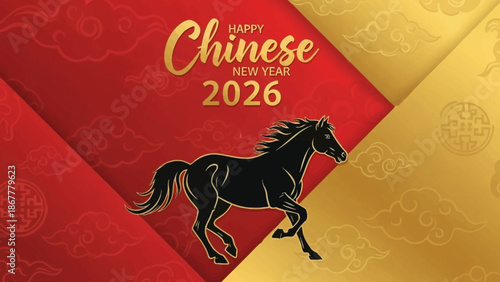Dynamic Lunar New Year 2026 Celebration with Galloping Horse Design on Traditional Red and Gold Patterned Background