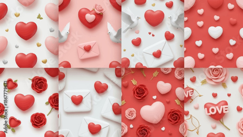 Vibrant Seamless Valentine's Day Patterns with Charming Red and Pink Hearts, Roses, Doves, and Envelopes for Romantic Backgrounds