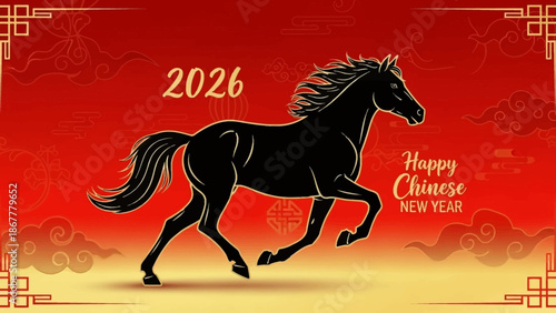 Black horse illustration for Chinese New Year 2026. Festive red background, traditional golden patterns, symbolizing prosperity