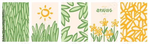 Spring nature hand brush drawn rectangle templates. Flowers foliage grass borders frames. Floral background, sun shape. Bold artistic lines, linear doodle drawings. Hello spring time handlettering.