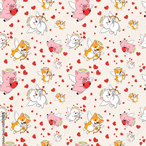 A joyful repeating seamless pattern featuring a corgi, kitten, and piglet as Cupids with wings and bows on a cream background with scattered red hearts.