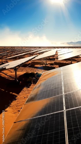Aerial View of Solar Panel Farm Generating Renewable Energy in Desert Landscape