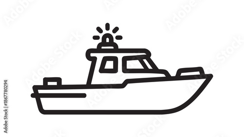 A simple line drawing of a small boat with oars on a white background