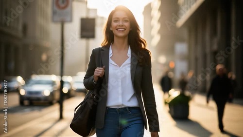 Woman walking down the street with a smile on her face.