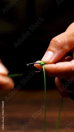 Person Tying Fishing Line to Hook, Close Up