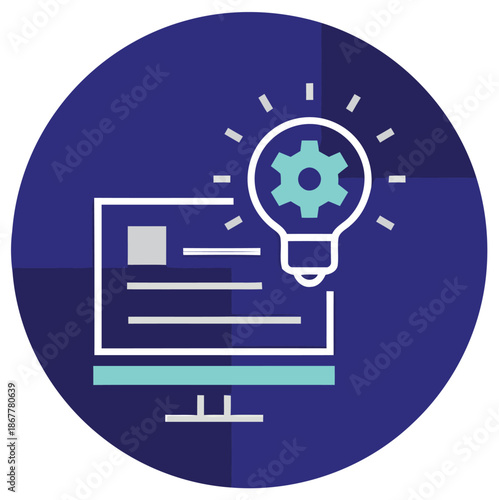 Technology idea symbol inside circle with gear and lightbulb on dark blue background