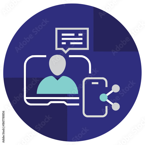 Digital communication and sharing featuring person on laptop and smartphone connection