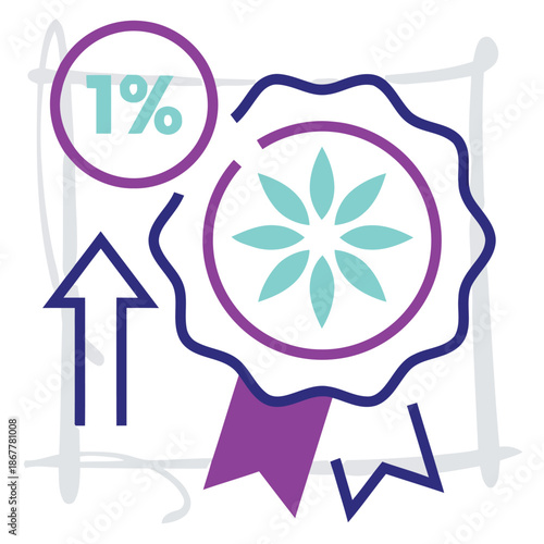 Quality improvement icon showing one percent growth with award ribbon and flower symbol