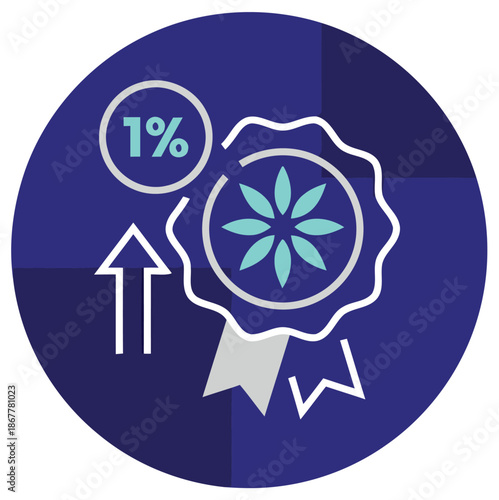 Vibrant blue circle icon depicting one percent quality growth award and upward trend