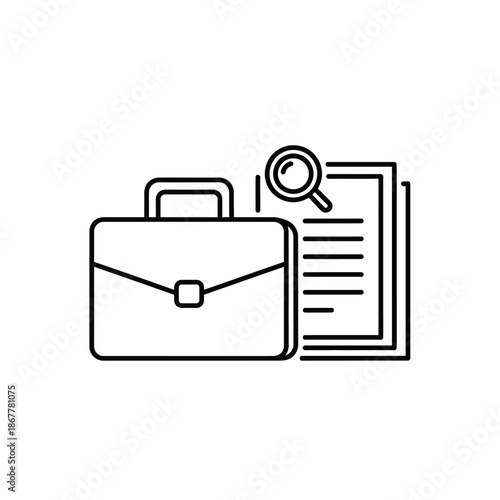 Briefcase and documents with magnifying glass.
