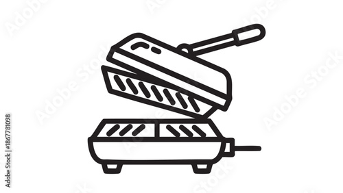 A simple line drawing of a small boat with oars on a white background