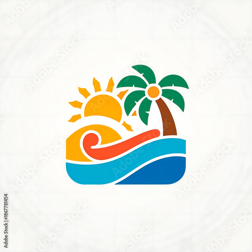 illustration of a symbol (logo) for a tropical vacation on islands with sea and palm trees