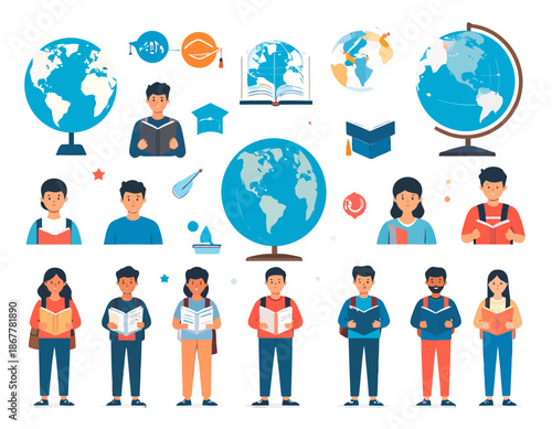 Diverse group of students and educators gathered around the globe, symbolizing global education and cultural exchange