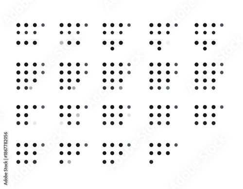 A conceptual graphic displaying an organized matrix of distinct dot patterns, designed to visualize principles of symbolic communication, information encoding, and inclusive universal design systems