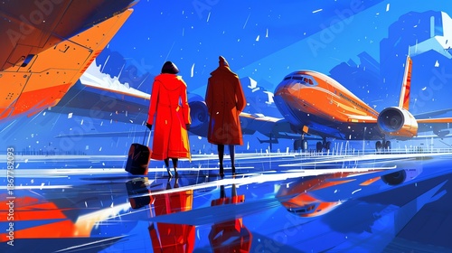 Busy winter travel scene at airport featuring passengers dressed in warm coats and gear