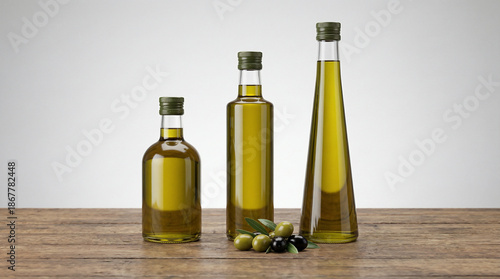 Wallpaper Mural Premium Olive Oil Bottles, Featuring Extra Virgin Oil and Fresh Olives on a Rustic Wooden Table Torontodigital.ca