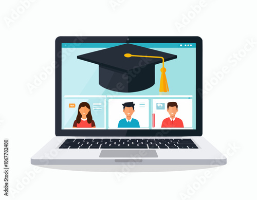 Online Education and E-learning Concept, Digital Classroom with Graduation Cap and Students on Laptop Screen