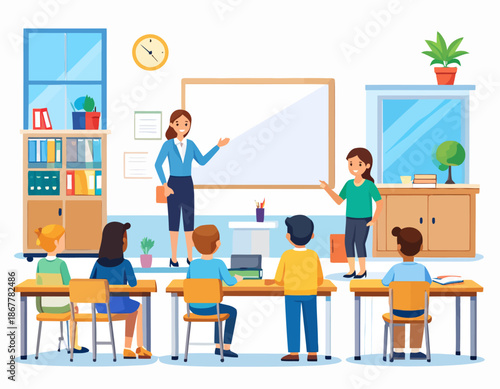 Young students learning in a classroom with their teacher instructing at the front