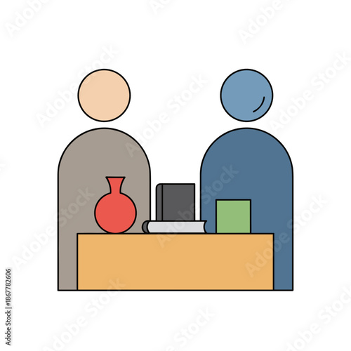 Minimal icon of buyers browsing books and vase at indoor rummage sale