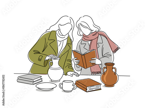 Two buyers browsing books and ceramics at indoor rummage sale illustration