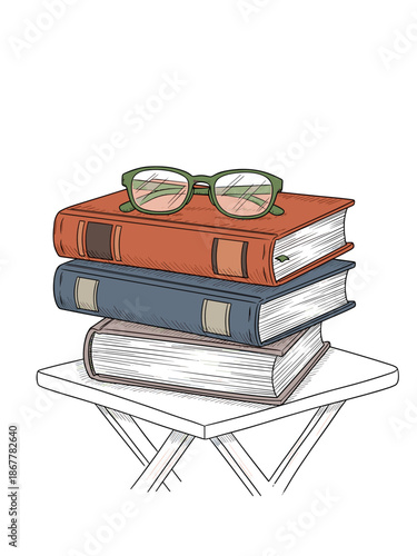Stack of used books with glasses on foldable table for indoor rummage sales illustration