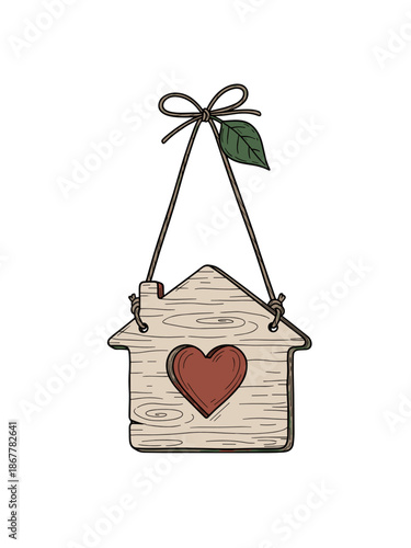 Rustic wooden house-shaped ornament with heart for indoor rummage sales illustration