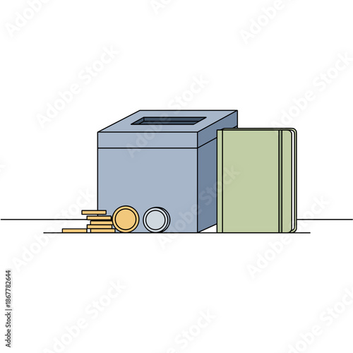 Cash box with stacked coins and notebook on table for indoor rummage sales icon