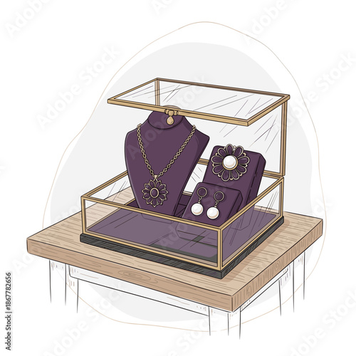 Jewelry display case on table with gold trim for indoor rummage sale illustration