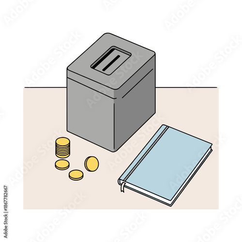 Cash box with notebook and coins on table for indoor rummage sales illustration