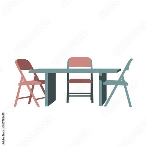 Indoor community hall furniture icon set with folding chairs and table for rummage sale
