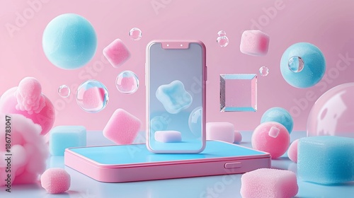 Innovative online shopping experience with mobile device and interactive floating icons