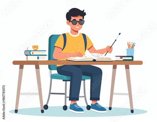 Visually Impaired Student Engaged in Accessible Learning at Desk, Highlighting Inclusivity and Academic Dedication in Education