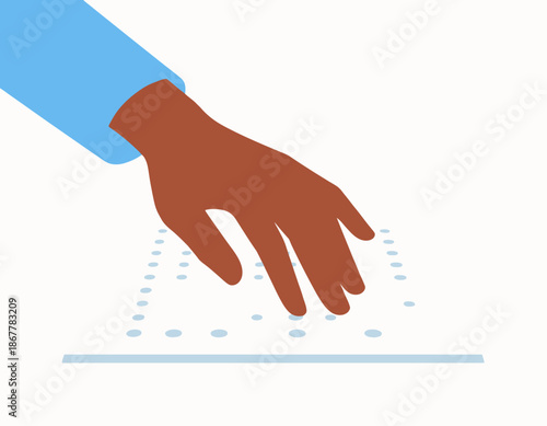 Illustrative image of a hand with dark skin reaching out to touch a surface with raised dots, suggesting a tactile experience or braille