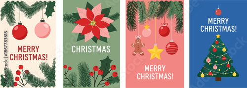 Merry Christmas card collection with festive illustrations of pine branches, red poinsettia, gingerbread man, decorated tree, and winter holiday ornaments, creative seasonal greeting banners.